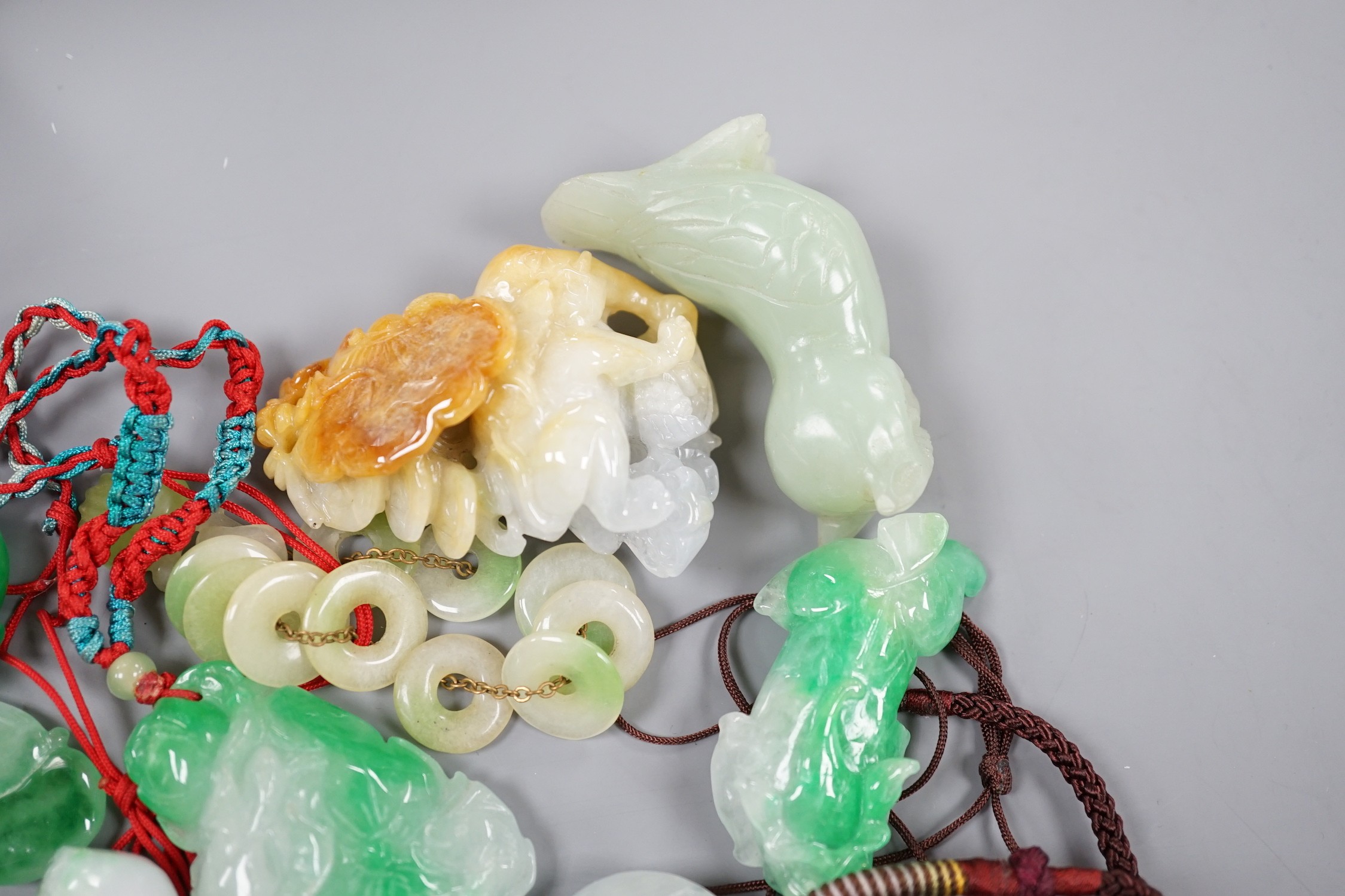 Seventeen pieces of jadeite and hardstone carved pendants and figures